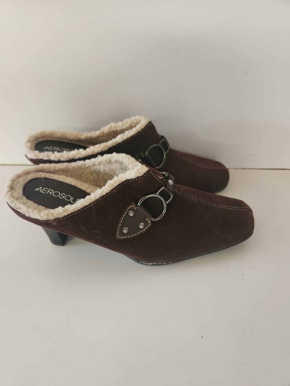 Vtg Suede Aerosoles Cinchshearly Snapjack Slip on Brown  Shepa Lined Mules Sz 8